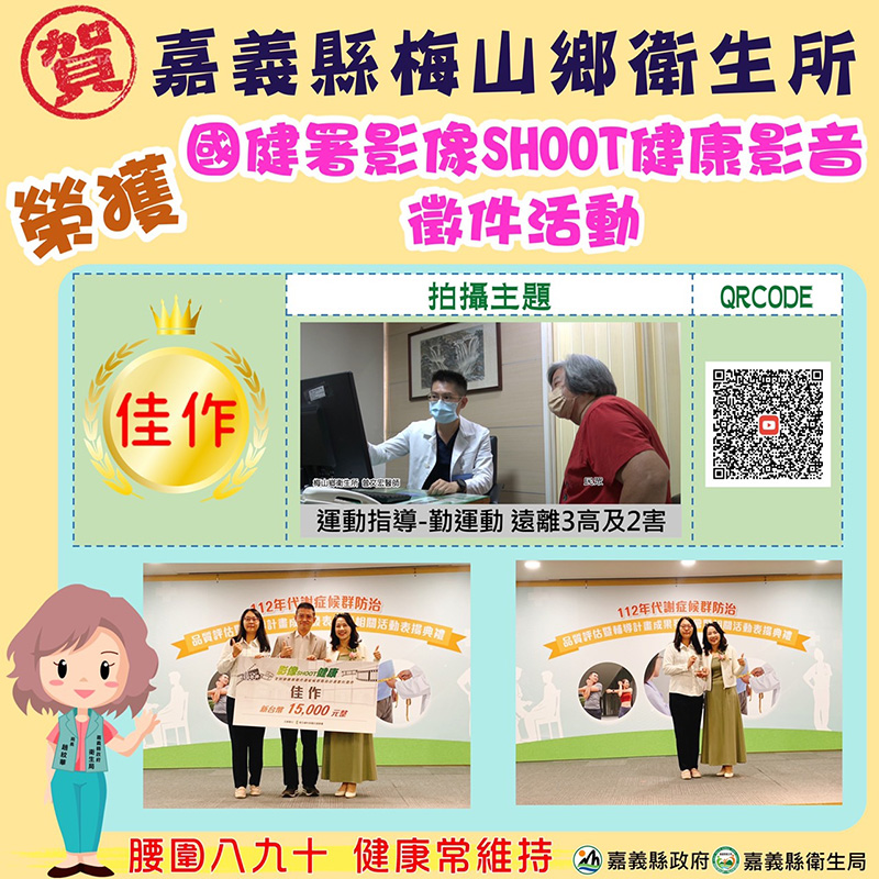 嘉義縣2醫療院所榮獲國健署「影像SHOOT健康影音徵件活動」佳作。