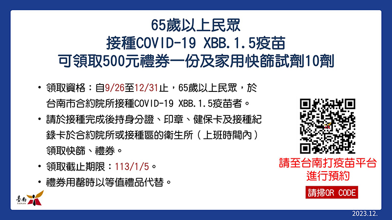 臺南市政府表示，為因應呼吸道傳染病流行季，本市持續提供流感疫苗、肺炎鏈球菌疫苗及COVID-19疫苗予民眾接種。