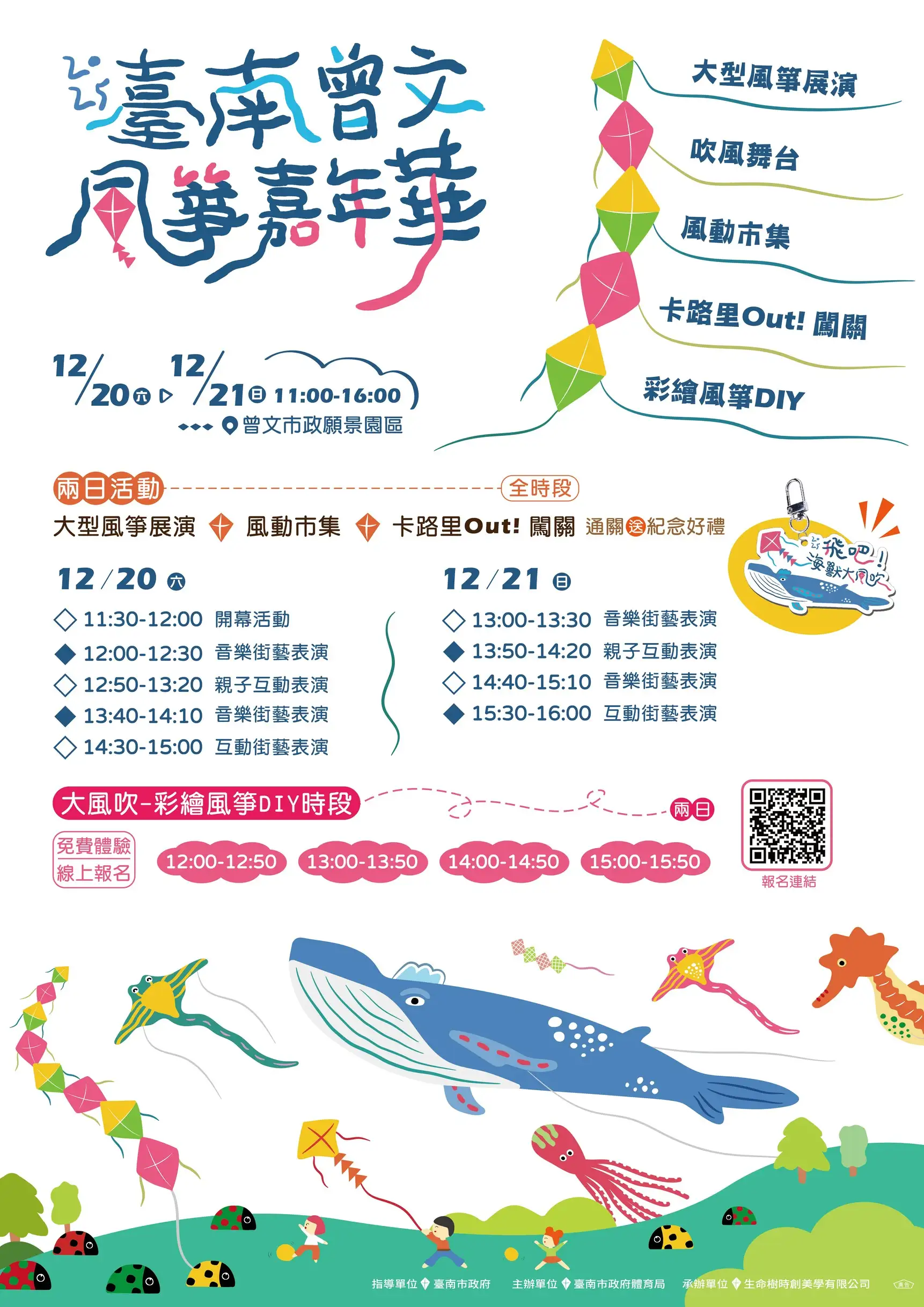 《2025曾文風箏嘉年華》將於12月20日至21日在曾文市政願景園區登場，規劃大型風箏展演、吹風舞台、風動市集、親子互動表演及彩繪風箏DIY，邀請民眾一起迎風放箏、共享繽紛週末。(圖/臺南市政府體育局 提供)