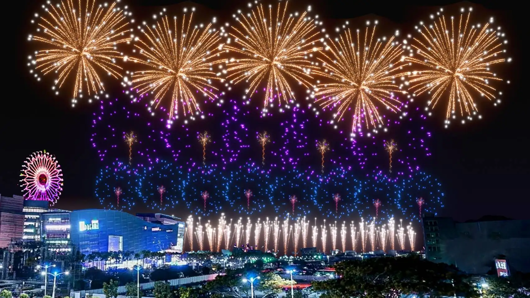 2026高雄跨年花火以幾何線條構築光之網絡，展現高雄智慧城市的創新能量。（高雄市政府提供）