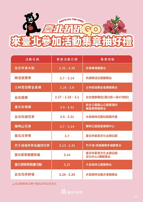 「臺北趴趴GO」1到3月共有12場大型活動。(圖/台北市政府 提供)