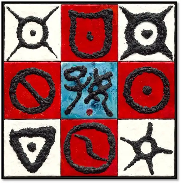 〈日日好日〉，熱蠟彩，60 × 60 公分，2024。筆墨在蠟彩冷凝與流動中轉化日常書寫，呈現靜謐而有韻律的視覺層次。（呂宜珍提供）