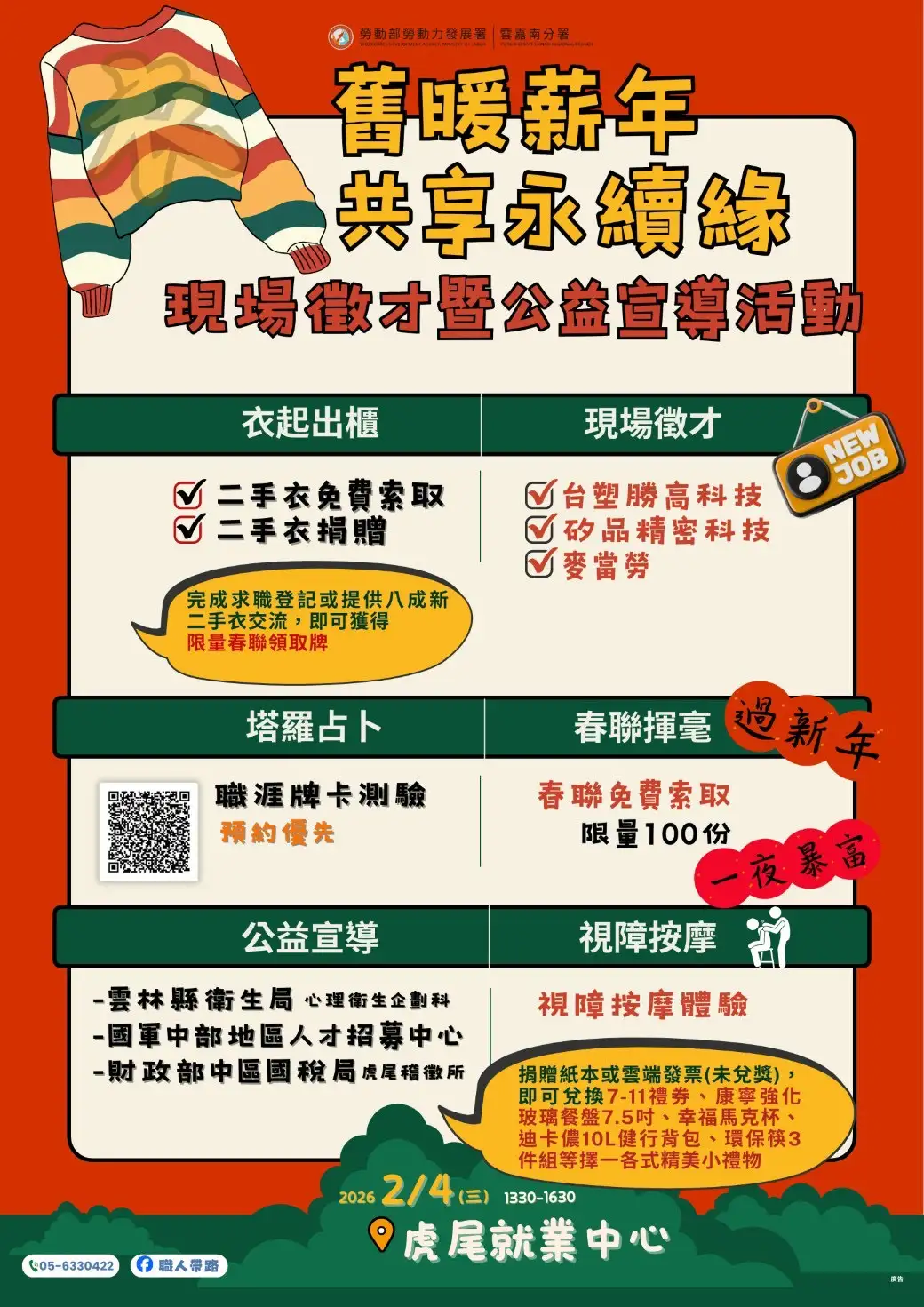 2月4日下午辦理「衣舊暖薪年．共享永續緣」現場徵才暨公益宣導活動。（圖／虎尾就業中心提供）