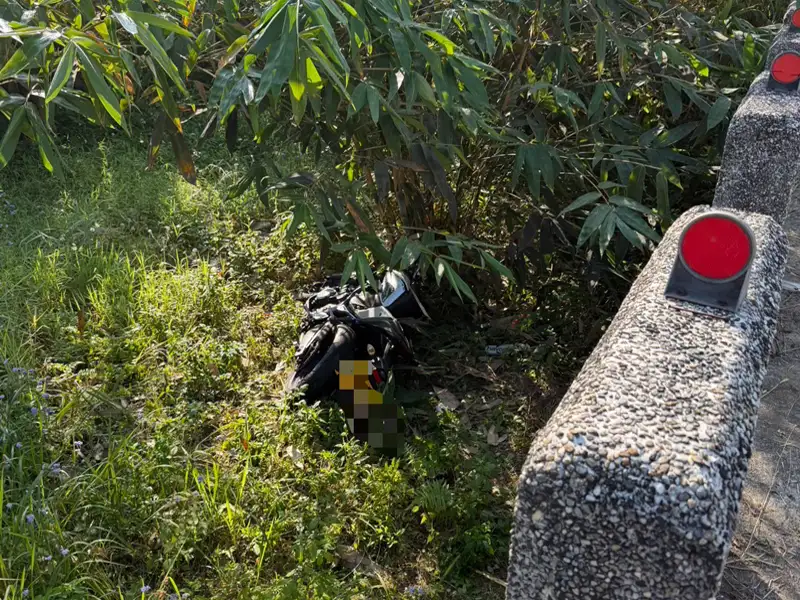 事故重機摔落梅山鄉公園西街彎道路旁邊坡，車體倒臥草叢中，警方初步研判疑自撞電桿後失控釀禍。(圖/竹崎分局提供)