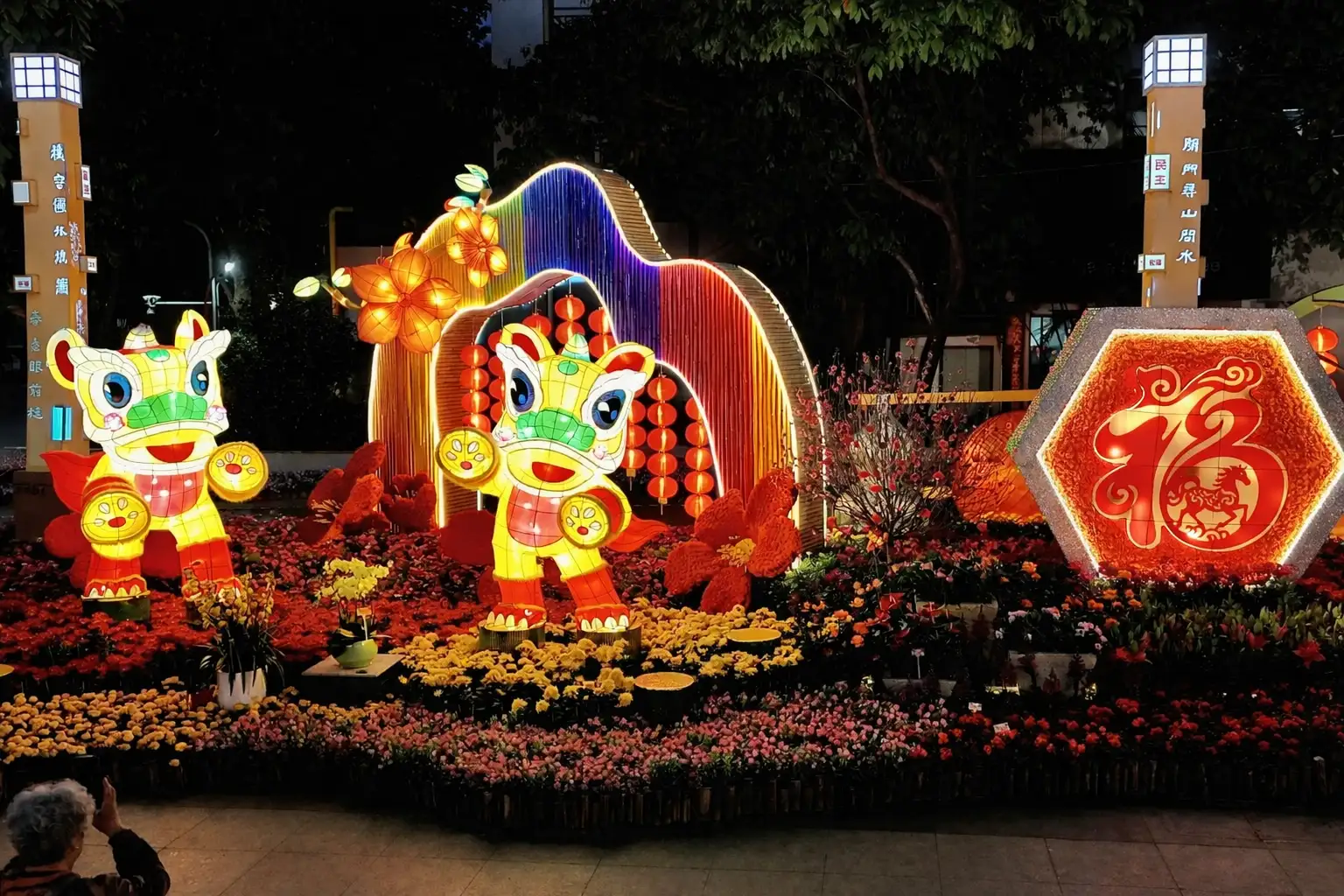 廣州文化公園元宵燈會以醒獅元素打造特色彩燈，結合花卉景觀與光影藝術，營造喜慶祥和的節日氛圍。(記者楊婉攝)