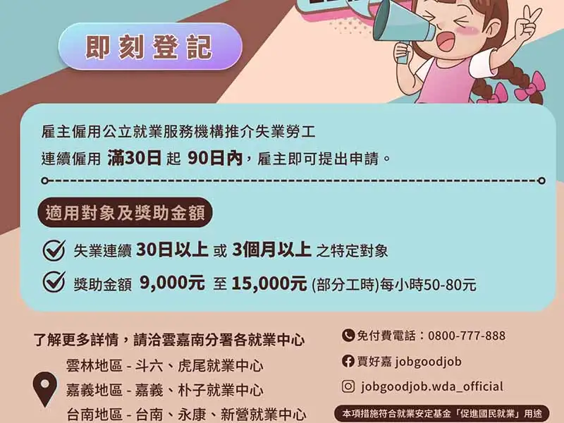 雇主只要僱用公立就業服務機構所推介之二度就業婦女，則可依其身份申請每人每月9千至1萬5千元的僱用獎助津貼、最長發給12個月(圖/勞發署雲嘉南分署提供)