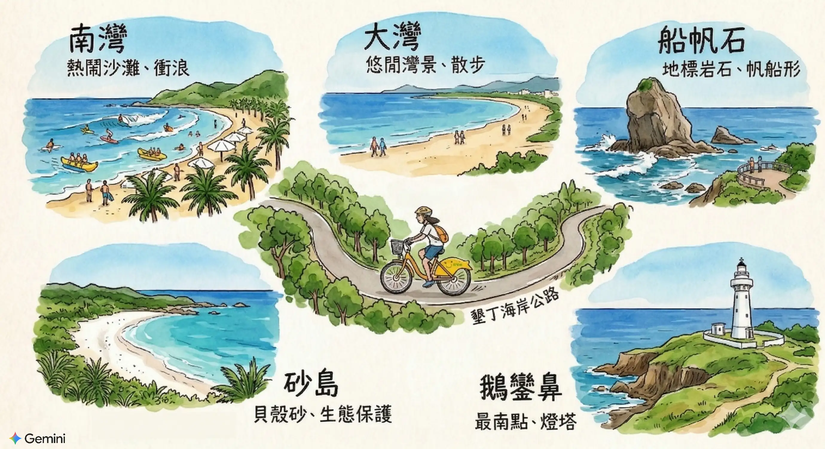 騎乘YouBike漫遊墾丁國家公園，串聯南灣、大灣、船帆石與鵝鑾鼻等景點，以低碳方式體驗南國海岸風光與自然生態之美。（圖/墾管處提供）