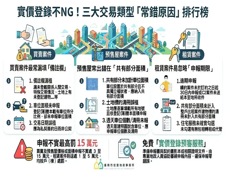 實價登錄不NG!三大交易類型「常錯原因」排行榜。（圖/臺南市政府地政局堤供）