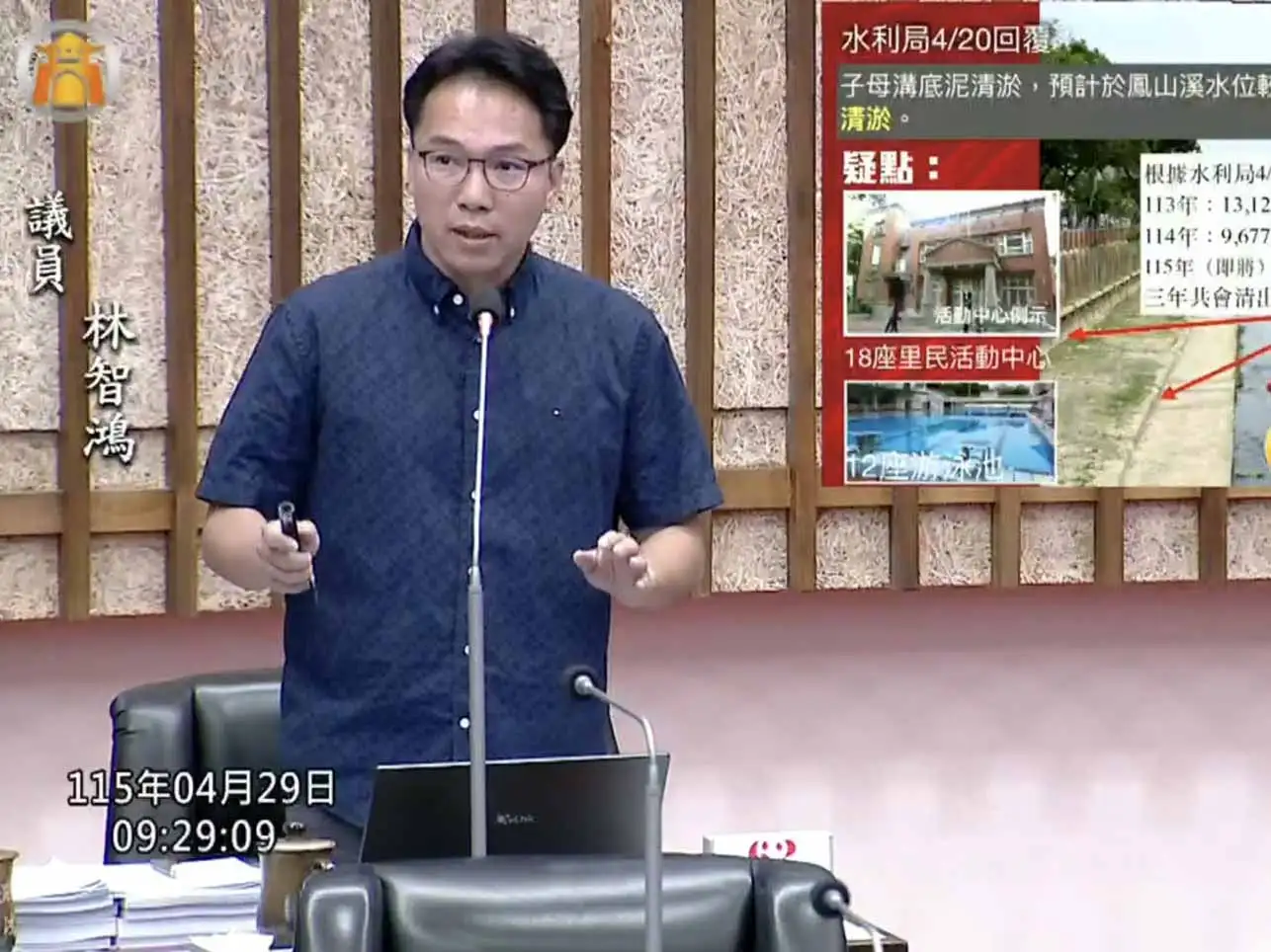 高雄市議員林智鴻於議會質詢，要求提出鳳山溪中崙段整體治理與水岸改善方案。（圖／林智鴻提供）