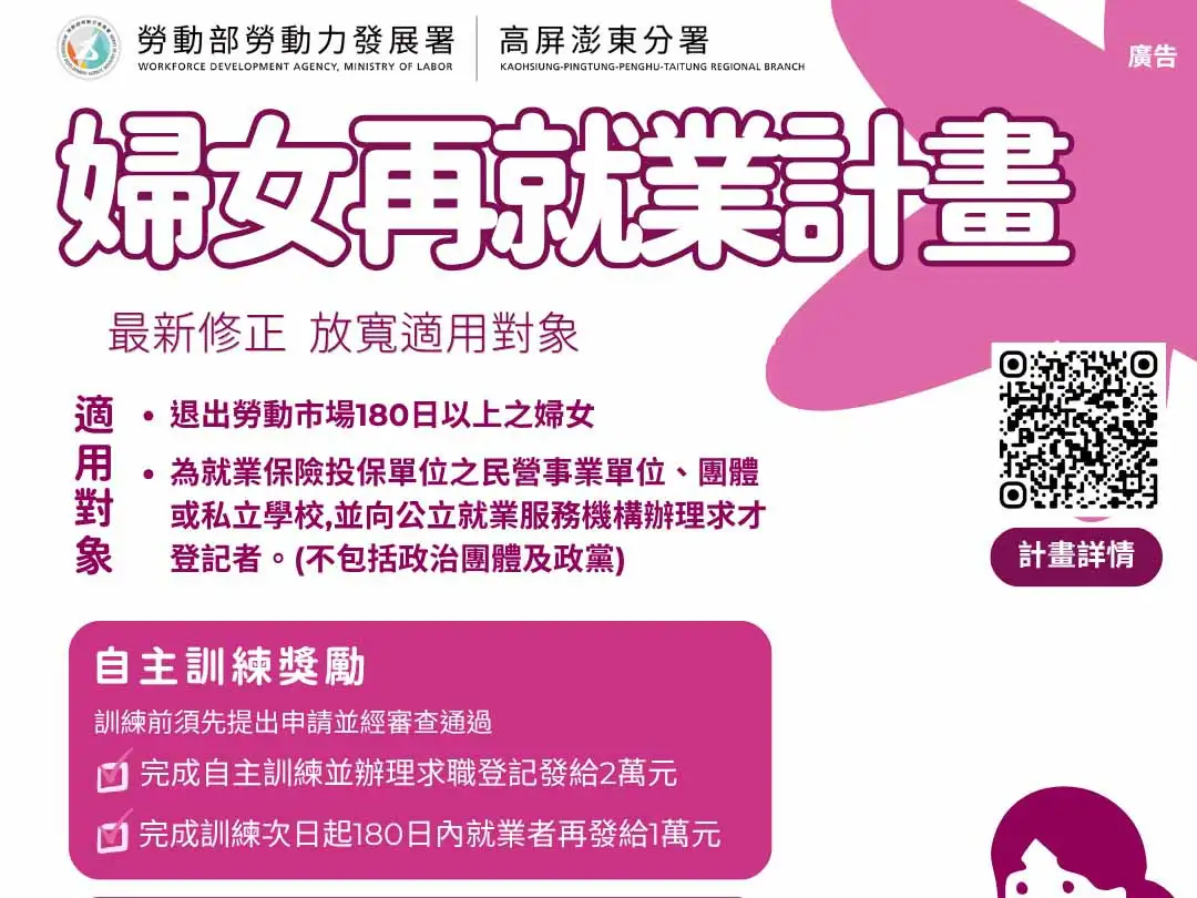 勞動部推動「婦女再就業計畫」，放寬申請資格並加碼多項獎勵措施，提供自主訓練、再就業及職場支持輔導補助，協助婦女重返職場並穩定就業。(圖/勞發署高屏澎東分署提供)