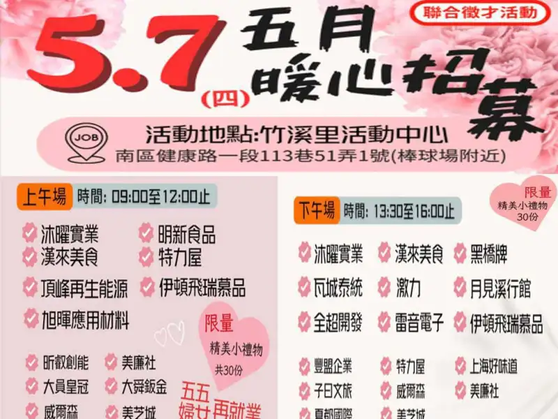 母親節前暖心徵才登場　台南釋出500職缺助就業