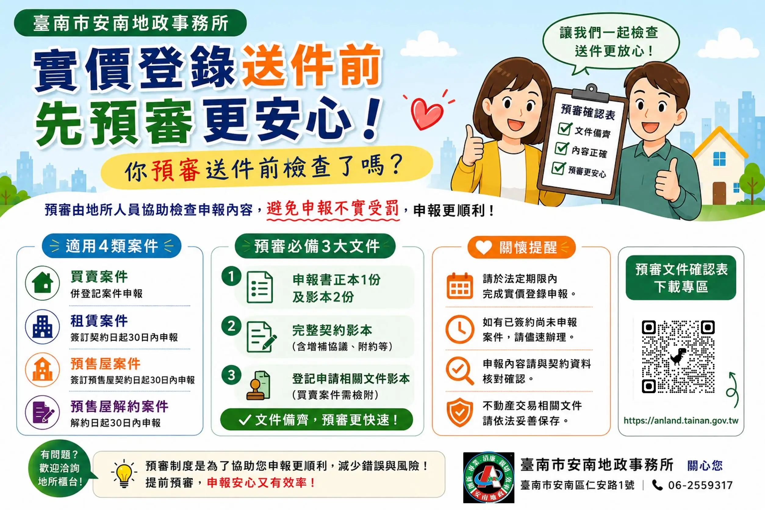 安南地政事務所推動「實價登錄預審自主確認與關懷提醒機制」，提供買賣、租賃及預售屋等案件確認表，協助民眾送件前先行檢視資料完整性，降低補件往返與申報錯誤情形，提升申報效率與不動產交易資訊透明度。(圖/臺南市政府地政局提供)