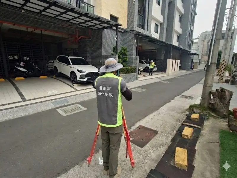 歸仁地政測量團隊進行街廓道路測量，蒐集地籍圖重測基礎資料。(圖/臺南市政府地政局提供)