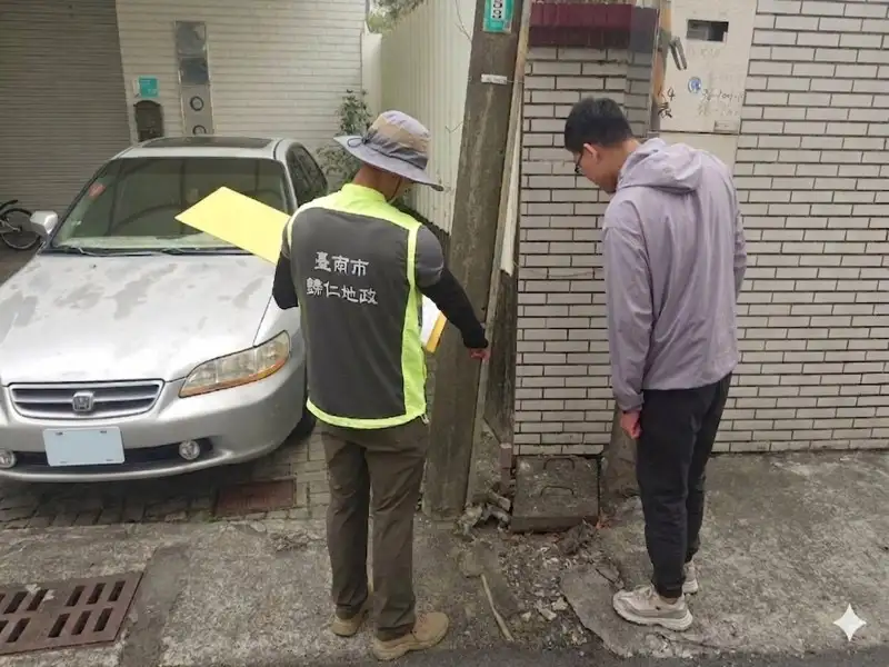 地政測量人員現場進行界址確認作業，向地主說明土地界線位置。(圖/臺南市政府地政局提供)