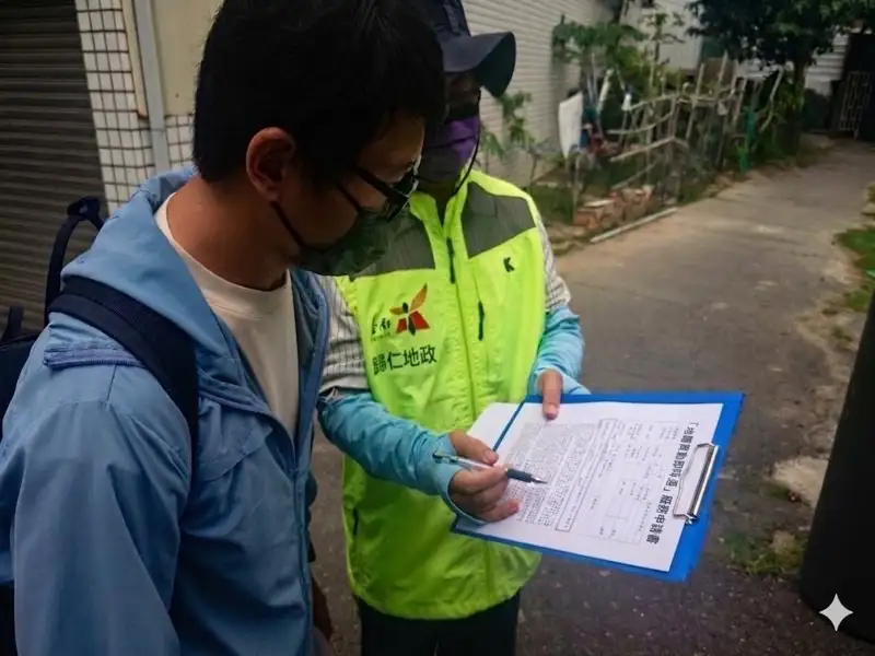 歸仁地政人員向民眾說明地籍圖重測作業內容，確認土地資料與測量程序。(圖/臺南市政府地政局提供)