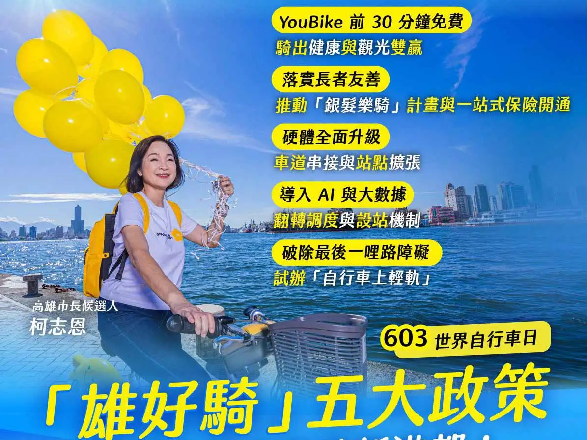 國民黨高雄市長參選人柯志恩提出「雄好騎」五大政策，包括YouBike費率優惠、長者友善措施、自行車路網升級、AI智慧調度及大眾運輸串接，盼打造健康低碳的高雄綠色運輸環境。（圖/柯志恩團隊提供）