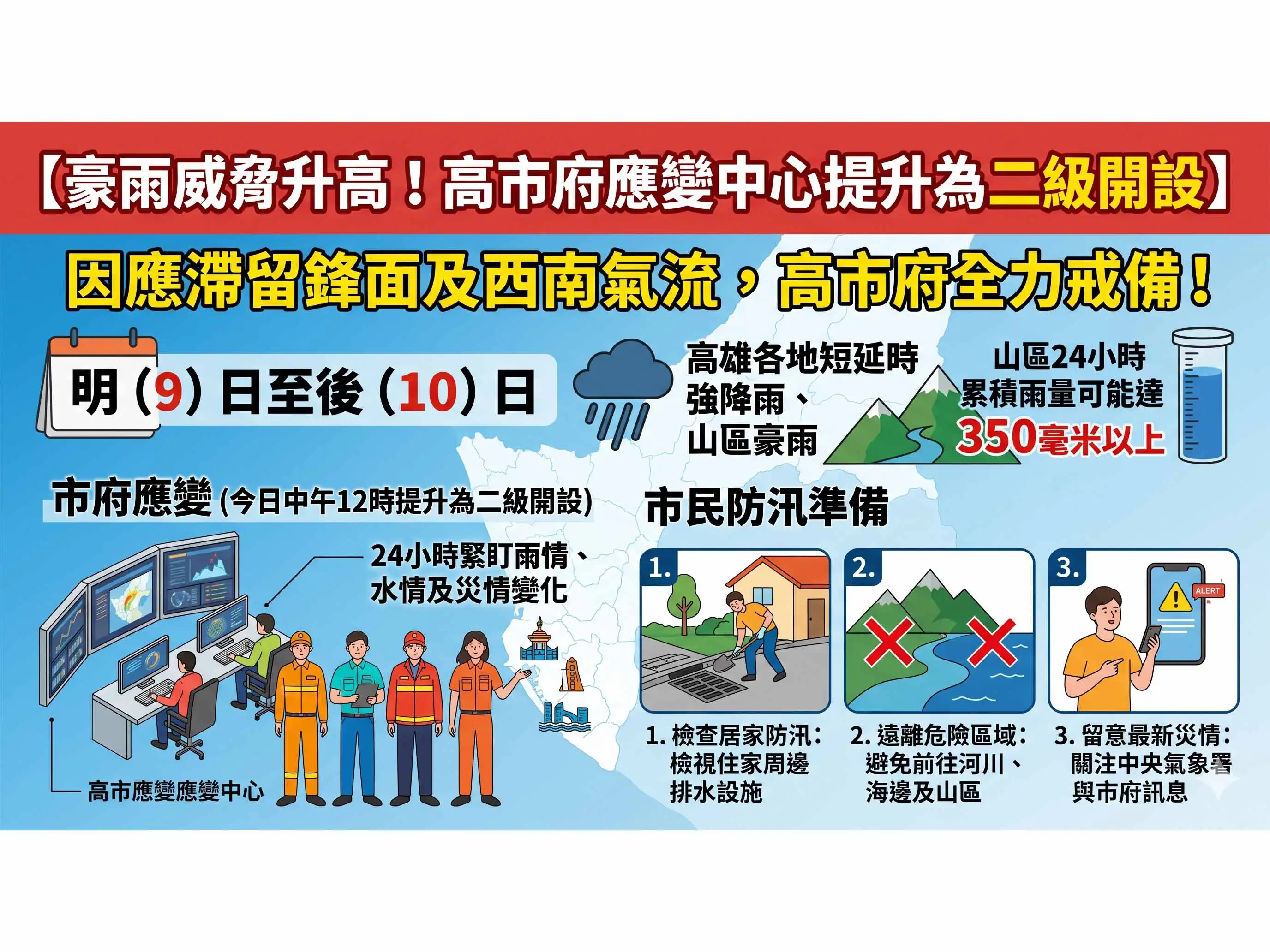 高雄市政府因應豪雨可能來襲，將水災應變中心提升為二級開設，全面加強防汛整備工作，全力掌握雨情、水情及災情變化。（圖/高雄市政府提供）
