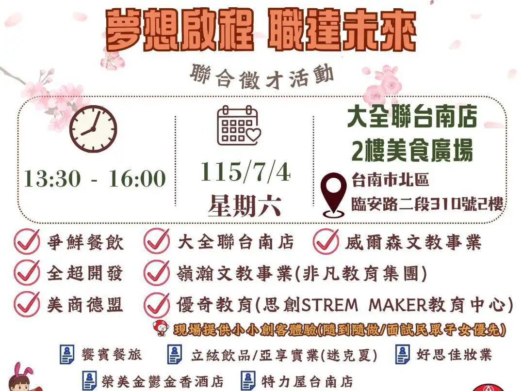 台南7月將舉辦3場聯合徵才活動，超過30家企業提供700多個職缺，涵蓋零售、餐飲、製造、教育及AI產業，最高月薪6萬元，歡迎畢業生及轉職民眾把握就業機會。(圖/台南就業中心提供)