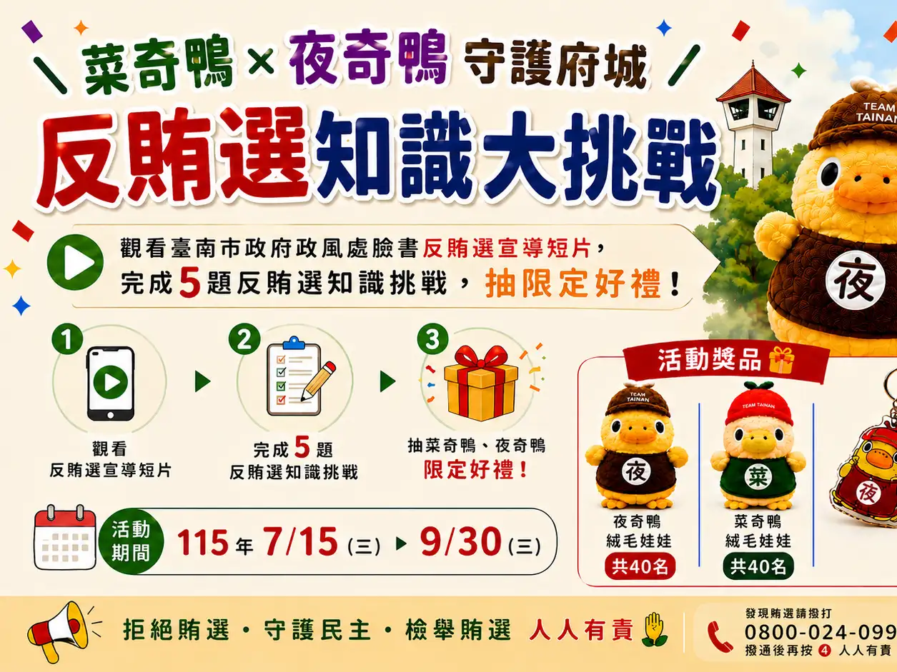 台南市政府政風處推出「菜奇鴨＆夜奇鴨守護府城．反賄選知識大挑戰」網路有獎徵答活動，結合人氣IP推廣反賄選教育，民眾完成答題即可參加抽獎，共同打造公平廉潔的選舉環境。(圖/台南市政府提供)