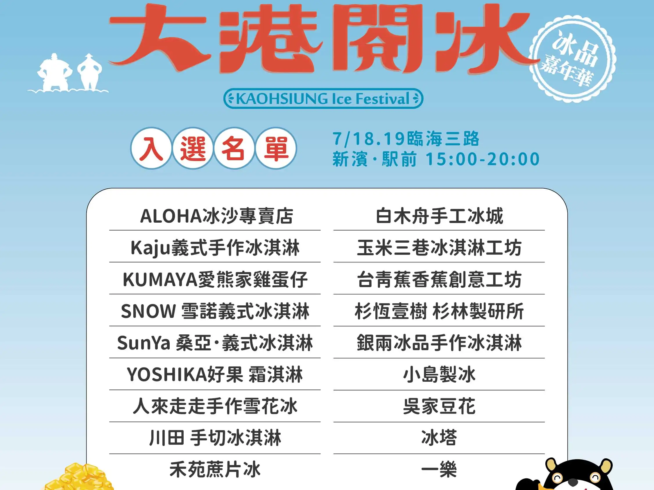 「2026大港閱冰」將於7月18、19日在捷運哈瑪星站旁「新濱．駅前」登場，集結逾50家特色冰品與美食品牌，打造高雄夏日冰品嘉年華。（高雄市觀光局提供）