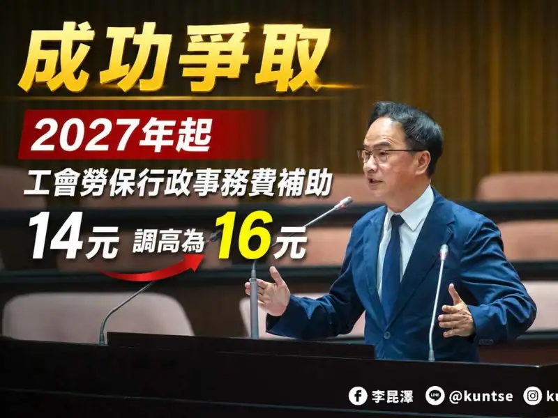 李昆澤三度爭取成功  工會勞保行政事務費明年調高至16元