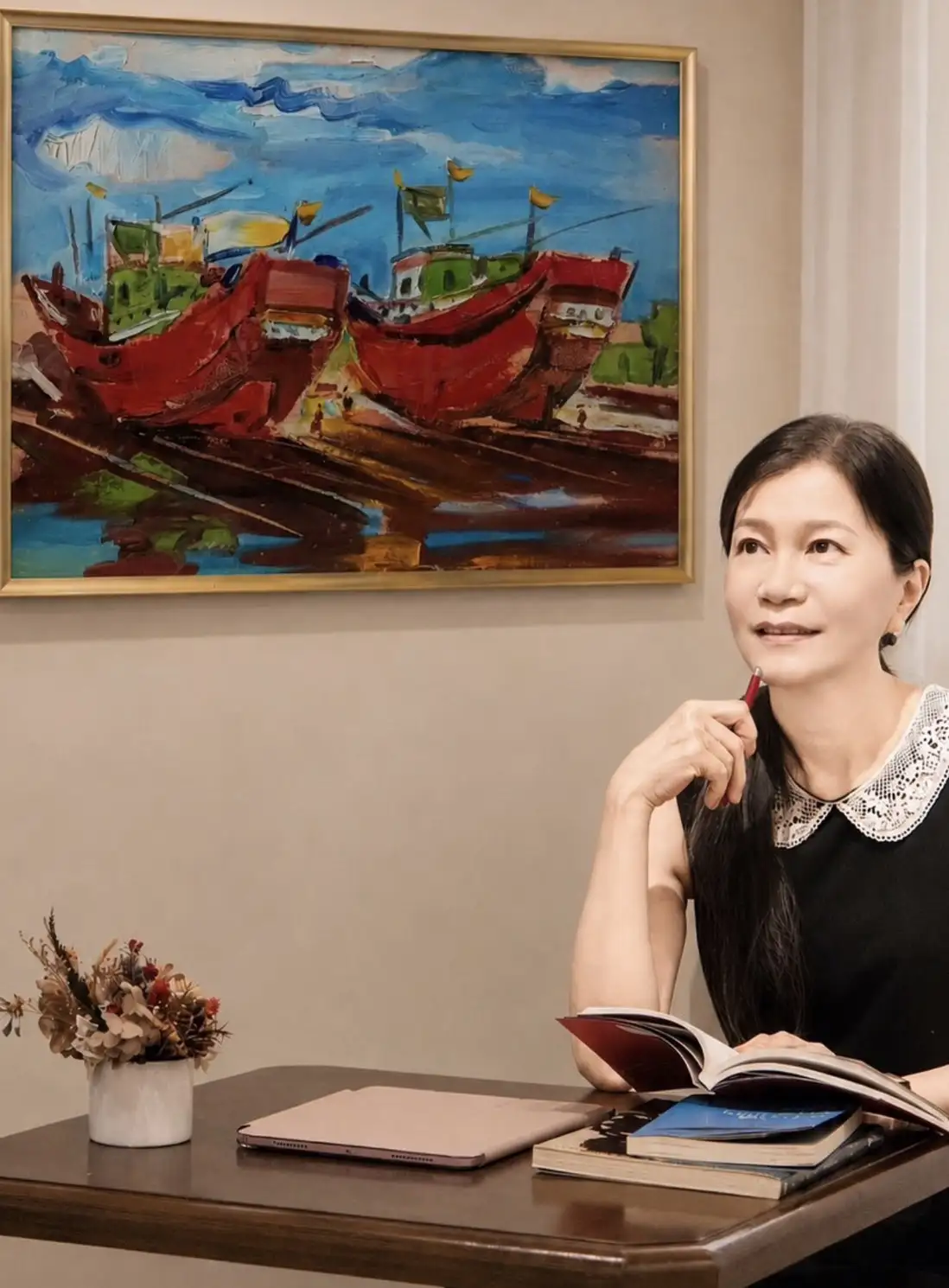 策展人張白伶策劃董日福《竭盡此生》特展，期盼透過展覽敘事與作品鋪陳，引領觀眾走進畫家的藝術世界，感受台南運河的人文風景與深厚情感。(圖/張白伶提供)