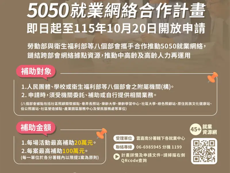 勞動部「5050就業網絡」開放申請  建構熟齡就業支持網