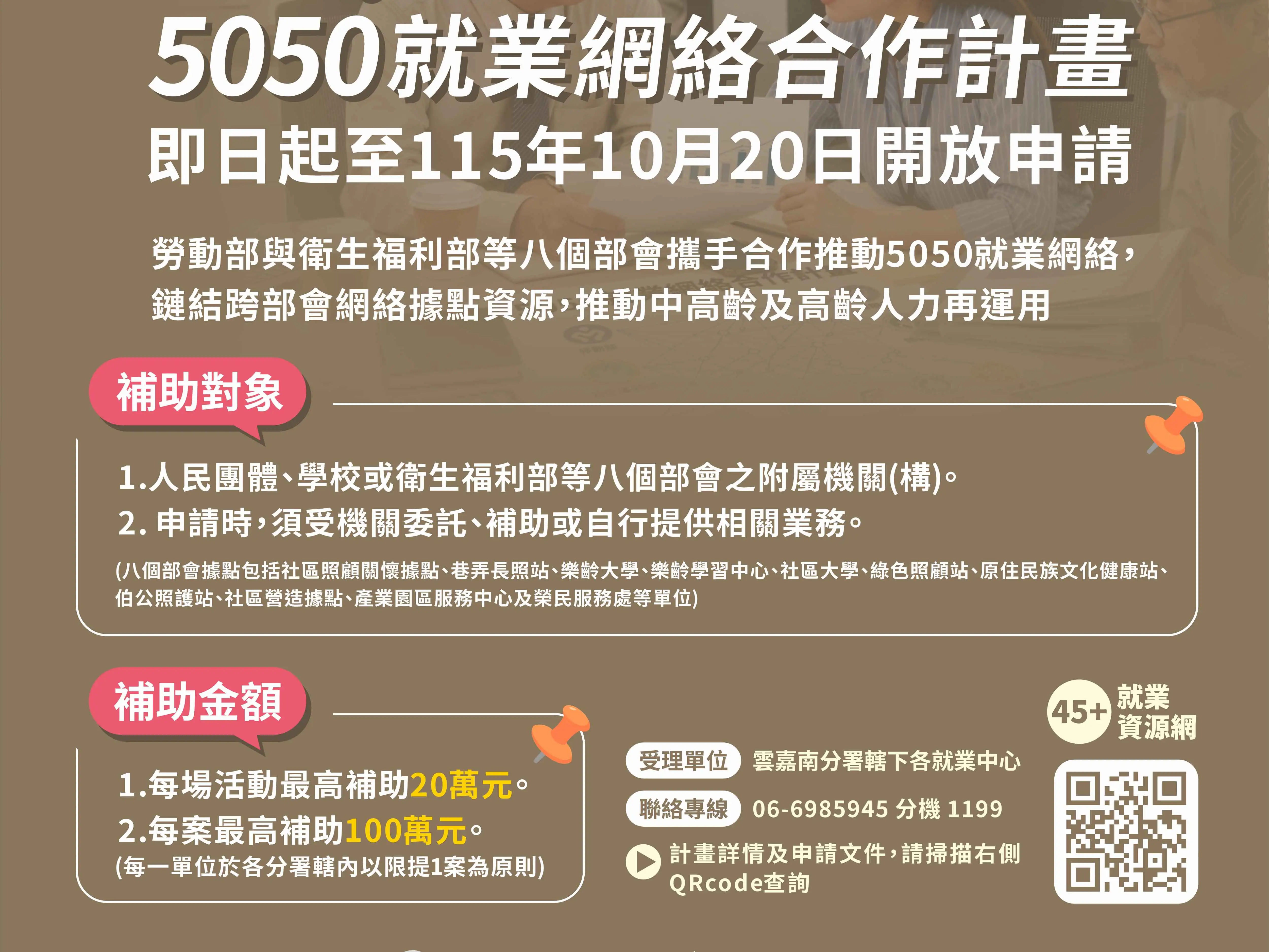 116年度「5050就業網絡合作計畫」8月3日起開放申請。(勞動部雲嘉南分署提供)