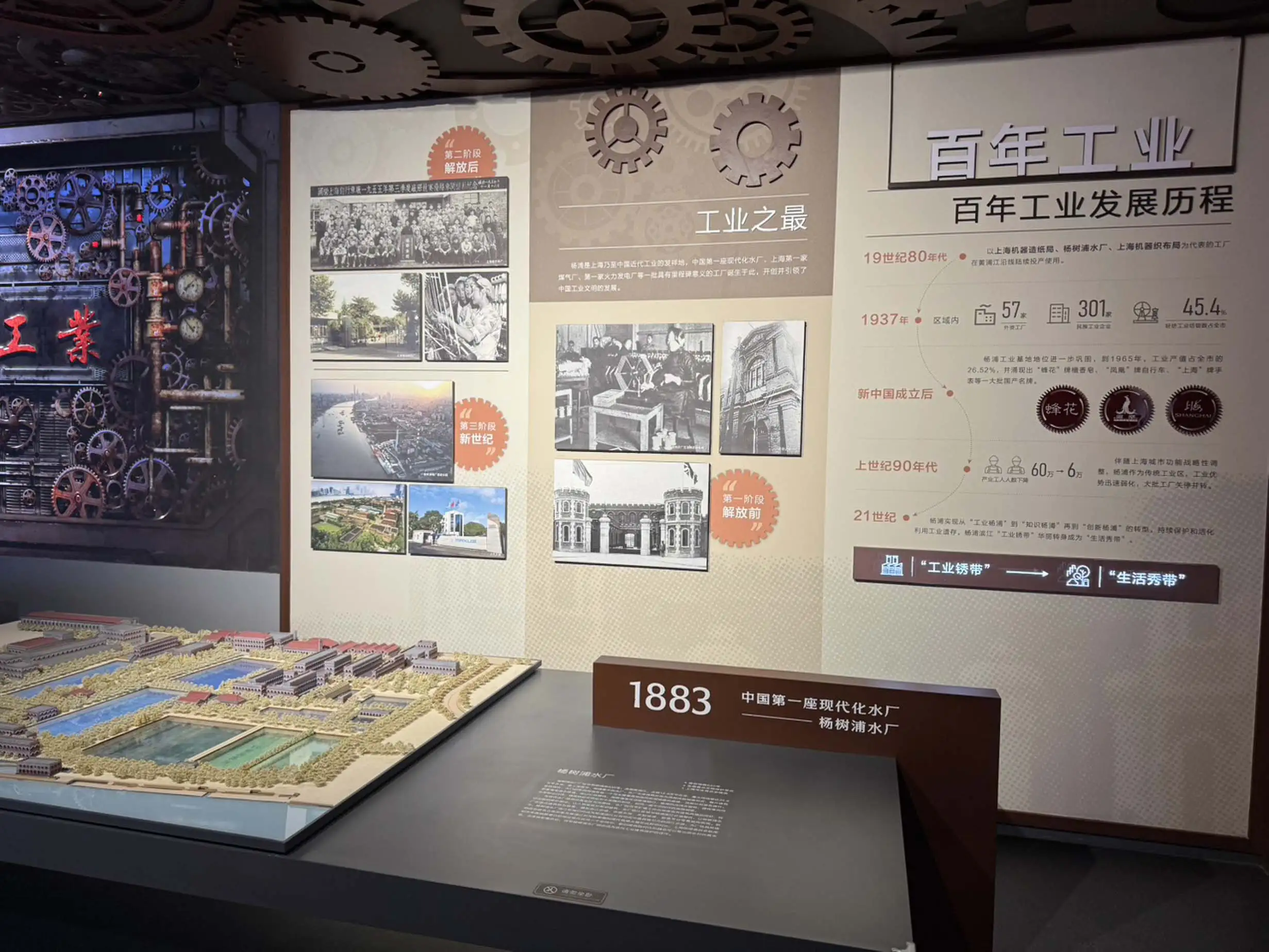 以沉浸式展示手法結合模型、影像與互動科技，「百年工業」展區完整呈現上海工業文明演進。（記者林怡孜攝）