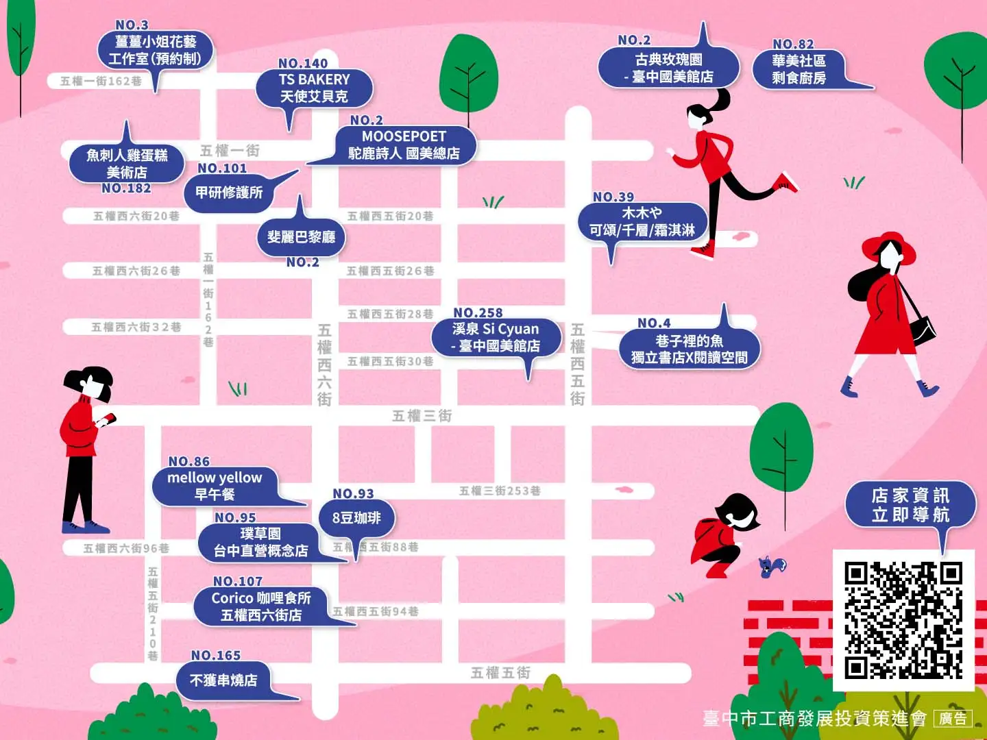 工策會推出五權西六聚落地圖，冰品甜品地圖、炒麵地圖、宵夜地圖等四大主題電子地圖。(台中市工商發展投資策進會提供)