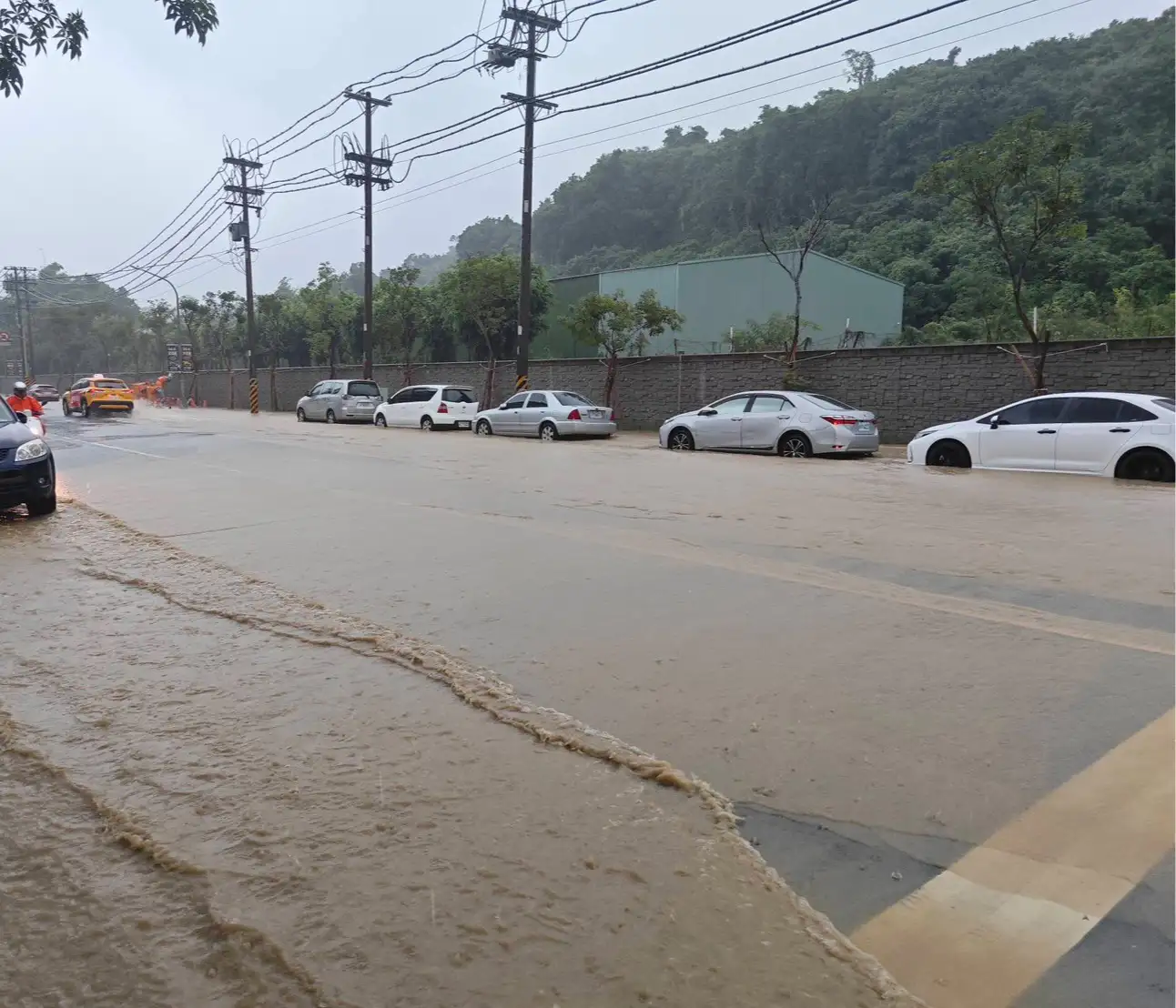 連日降雨造成鼓山三路沿柴山一帶再度積水，市議員陳美雅質疑，2700萬元抽水站升級工程今年6月才完工，市府應立即檢討工程成效及整體排水系統。（陳美雅提供）