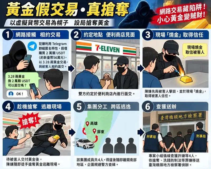 南打中心一舉破獲4名涉案人員，瓦解搶奪集團並掌握其犯罪流程。(刑事警察局南部打擊犯罪中心提供)