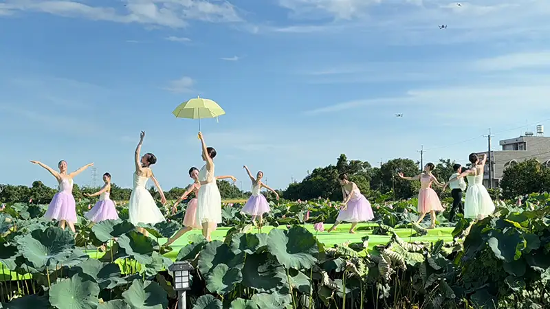 臺南市政府於白河舉辦「臺南400農漁地景藝術節」地景劇場首演，舞者與蓮花的巧妙結合畫面唯美。(圖/台南市政府提供)