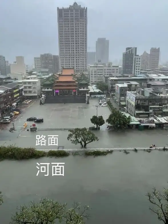 愛河旁的幸福川河水滿溢到兩側的河北路與河南路，三民區河北二路的三鳳宮積水嚴重，幾乎看不出河道與車道。（記者吳文欽翻攝）