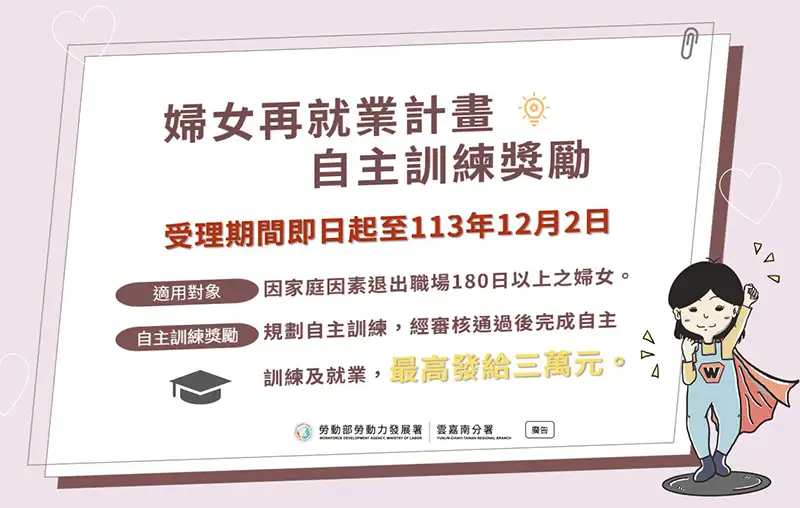 勞動部婦女再就業計畫「自主訓練獎勵」受理至113年12月2日止。(圖/雲嘉南分署提供)