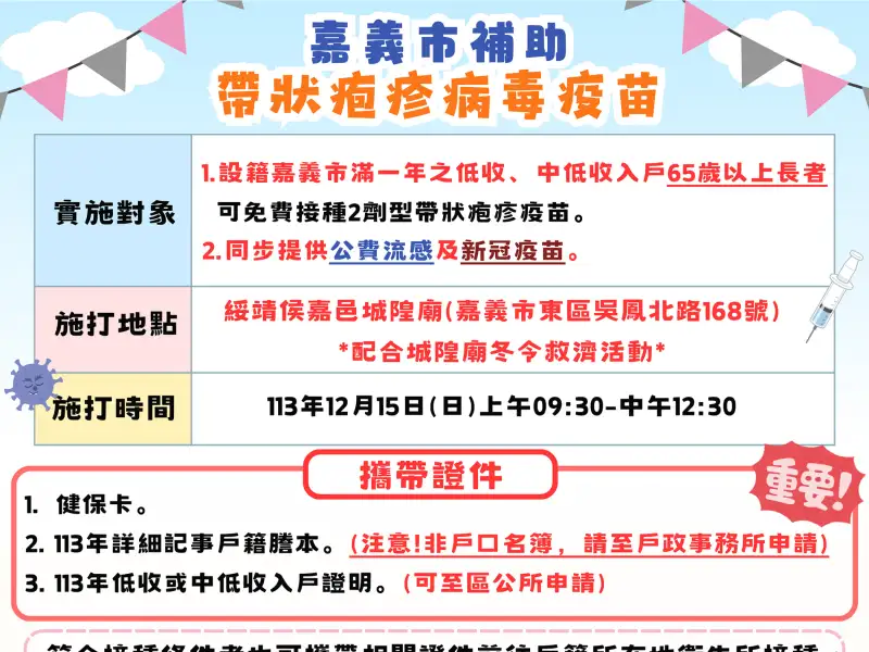 嘉義市衛生局配合城隍廟冬令救濟活動，提供弱勢長者帶狀疱疹疫苗接種服務