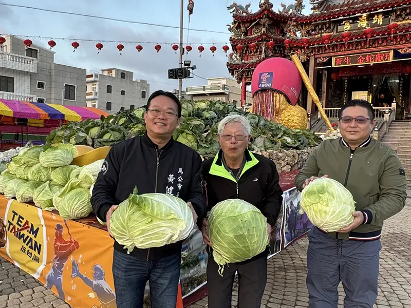 市長黃健忠與地方代表手持象徵豐收的高麗菜合影，象徵新年祈福平安，將傳統乞龜文化融入現代元素。(圖/烏崁靖海宮)