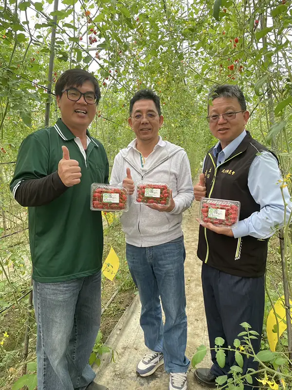 農糧署南區分署陳立儀分署長(中)與農友張智源(左)及民雄鄉農會賴國忠主任(右)合影。（記者洪淑玉翻攝）