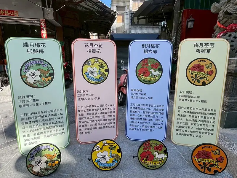 三老爺宮十二花神污水孔蓋設計,將梅花、杏花、桃花及薔薇,融合花神意象與歷史故事。(圖/台南市政府提供)