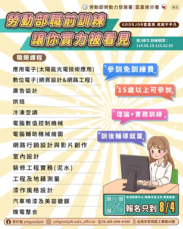 雲嘉南分署自辦職前114年第三期招生將於下週一(23日)起報名至8月4日止,歡迎失業者踴躍報名參訓。(圖/雲嘉南分署 提供)