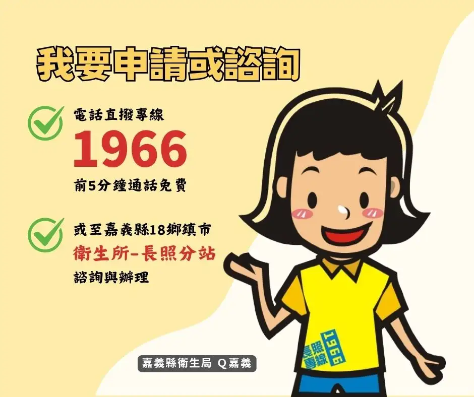 歡迎撥打1966長照專線,將有專人提供到宅評估與後續服務安排。(圖/嘉義縣衛生局 提供)