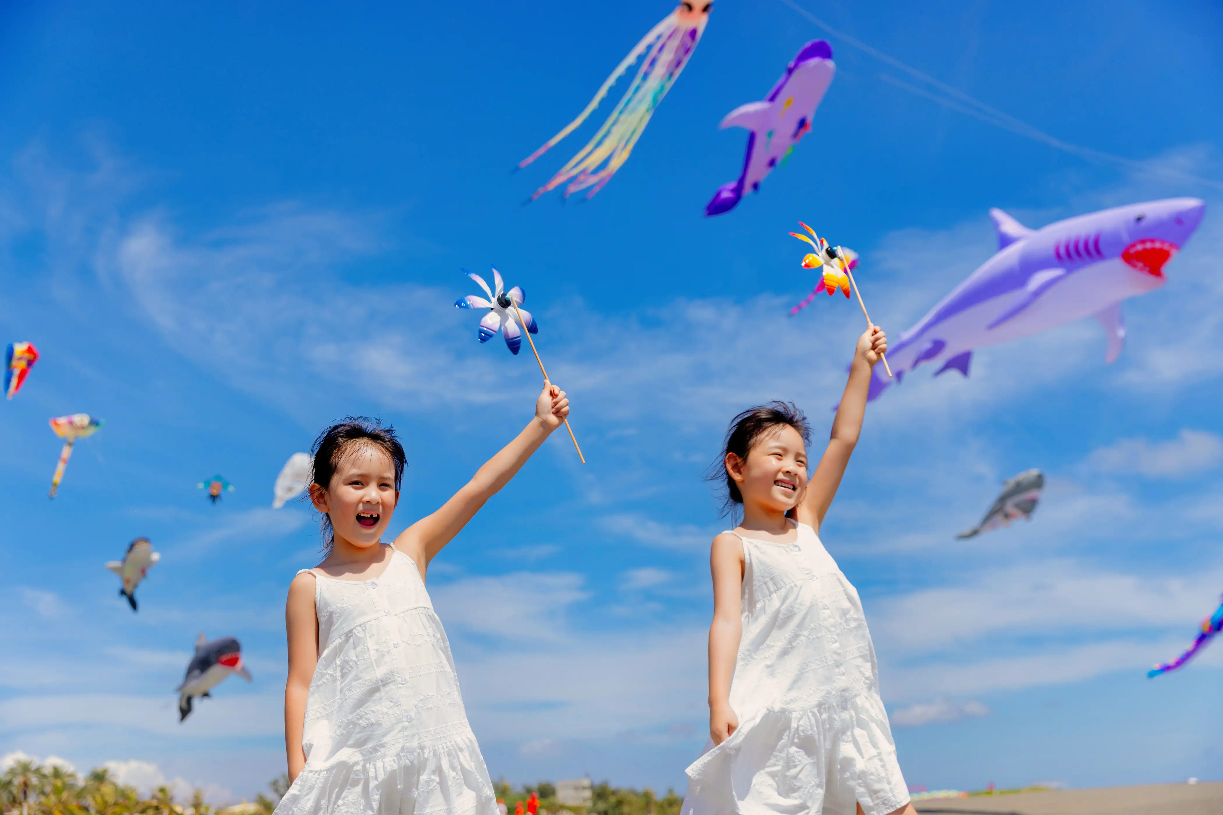 旗津風箏節以「Go Go Party」為主題,鯨魚、章魚、海龜等各式造型風箏飄揚天際,吸引民眾駐足拍照。(記者吳文生攝)