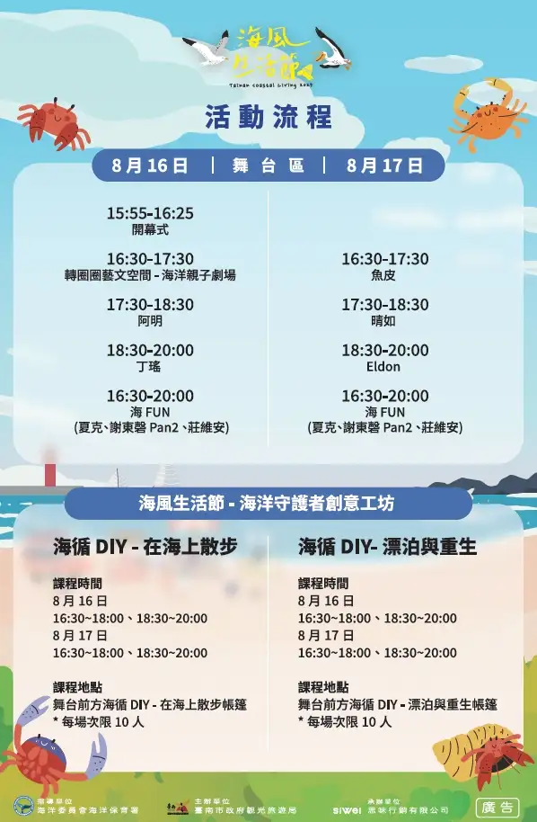 「2025海風生活節Tainan Coastal Living」將在8月16、17日於黃金海岸熱鬧登場！(圖/臺南市政府觀光旅遊局 提供)