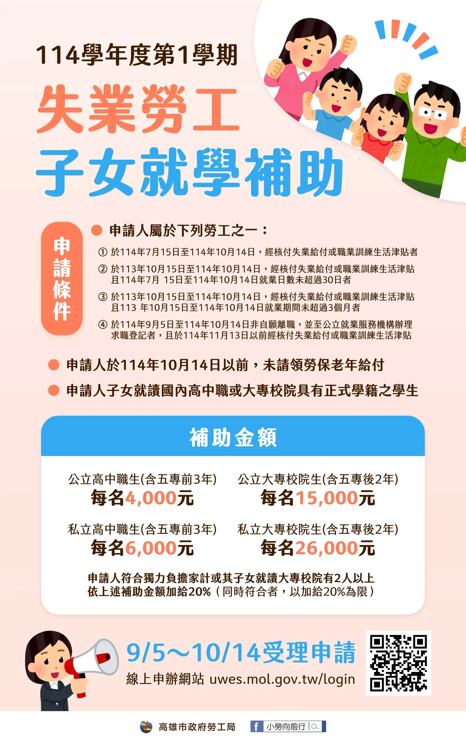 高雄市政府勞工局公布「114學年度第1學期失業勞工子女就學補助」申請資訊海報，即日起受理至10月14日止，盼減輕勞工子女就學負擔。（勞工局提供）