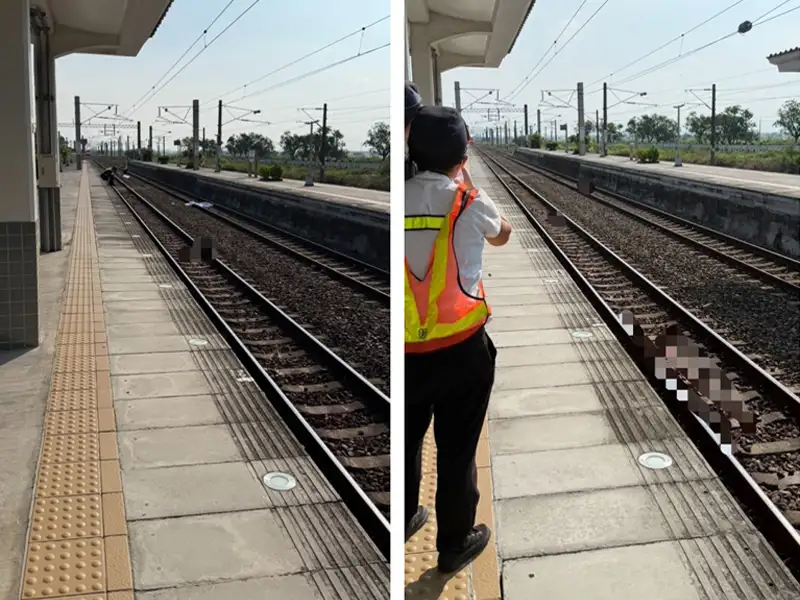 台鐵南下121次自強號在後壁車站發生撞擊意外，造成男子當場死亡，鐵路警察隨即封鎖現場處理，與台鐵人員進行後續調查與蒐證。(民眾提供)