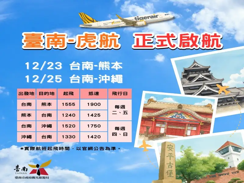 台南-熊本、台南-沖繩兩條新航線明天開賣